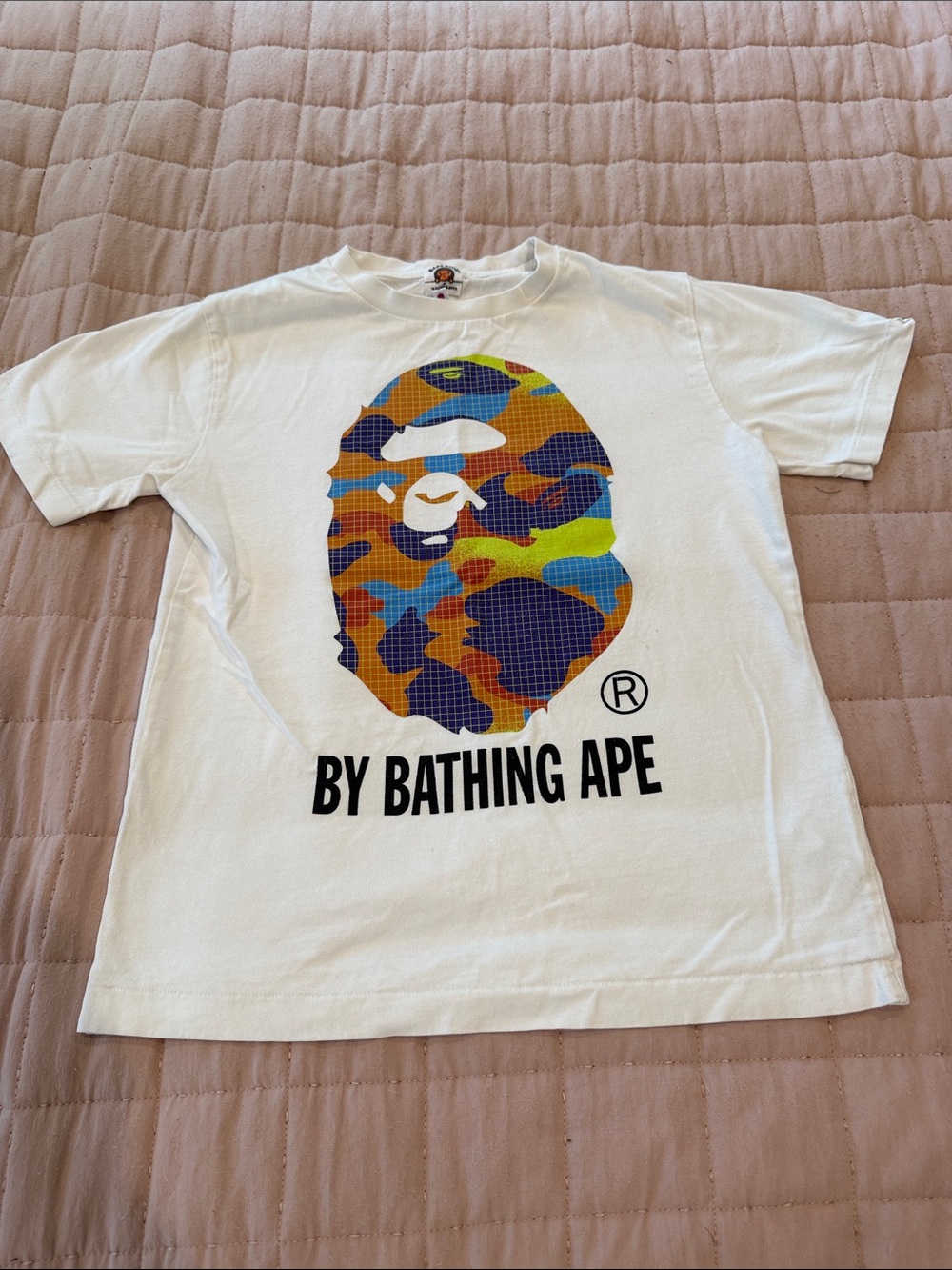 Bape Kids White T-Shirt with Multicolor Camo Ape Head